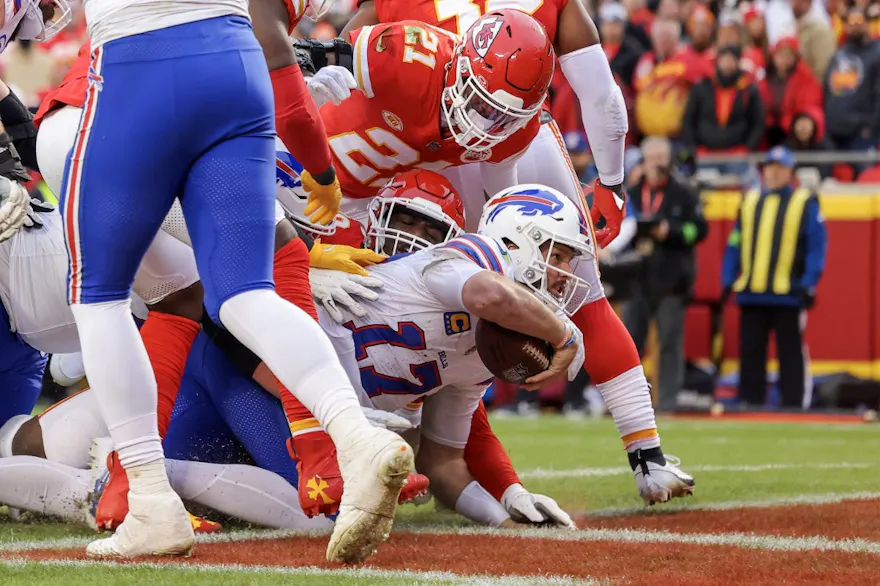 Josh Allen #17 of the Buffalo Bills carries the ball for a touchdown as we make our NFL Divisional Round player props picks and predictions ahead of Sunday's NFL playoffs doubleheader.