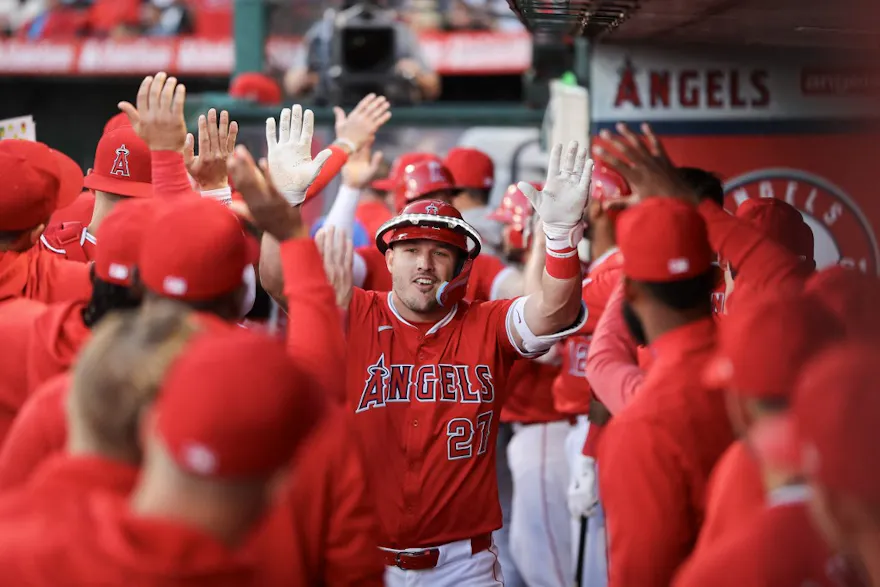 Mike Trout of the Los Angeles Angels celebrates his two-run home run in the first inning against the Tampa Bay Rays, and we offer our top MLB player props and expert picks based on the best MLB odds.
