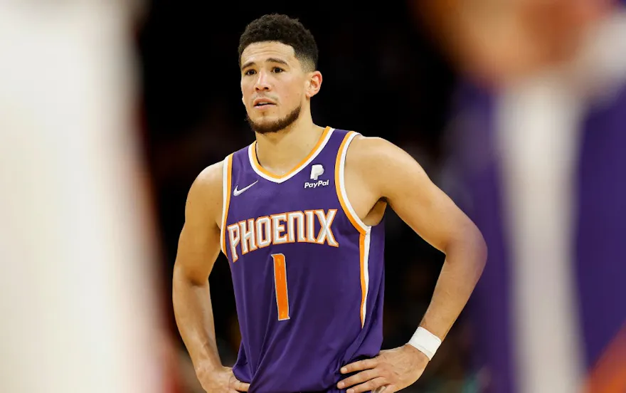 Devin Booker of the Phoenix Suns reacts during the second half against the Houston Rockets, and we offer our top Suns vs. Nets player props based on the best NBA odds.
