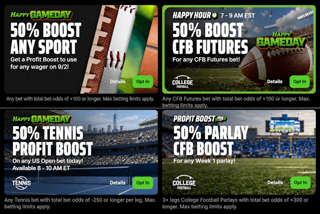 A selection of DraftKings Gameday promotions available on DraftKings Sportsbook.