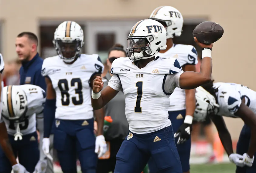 FIU quarterback Keyone Jenkins warms up. We're backing FIU in our FIU vs. UTEP prediction.