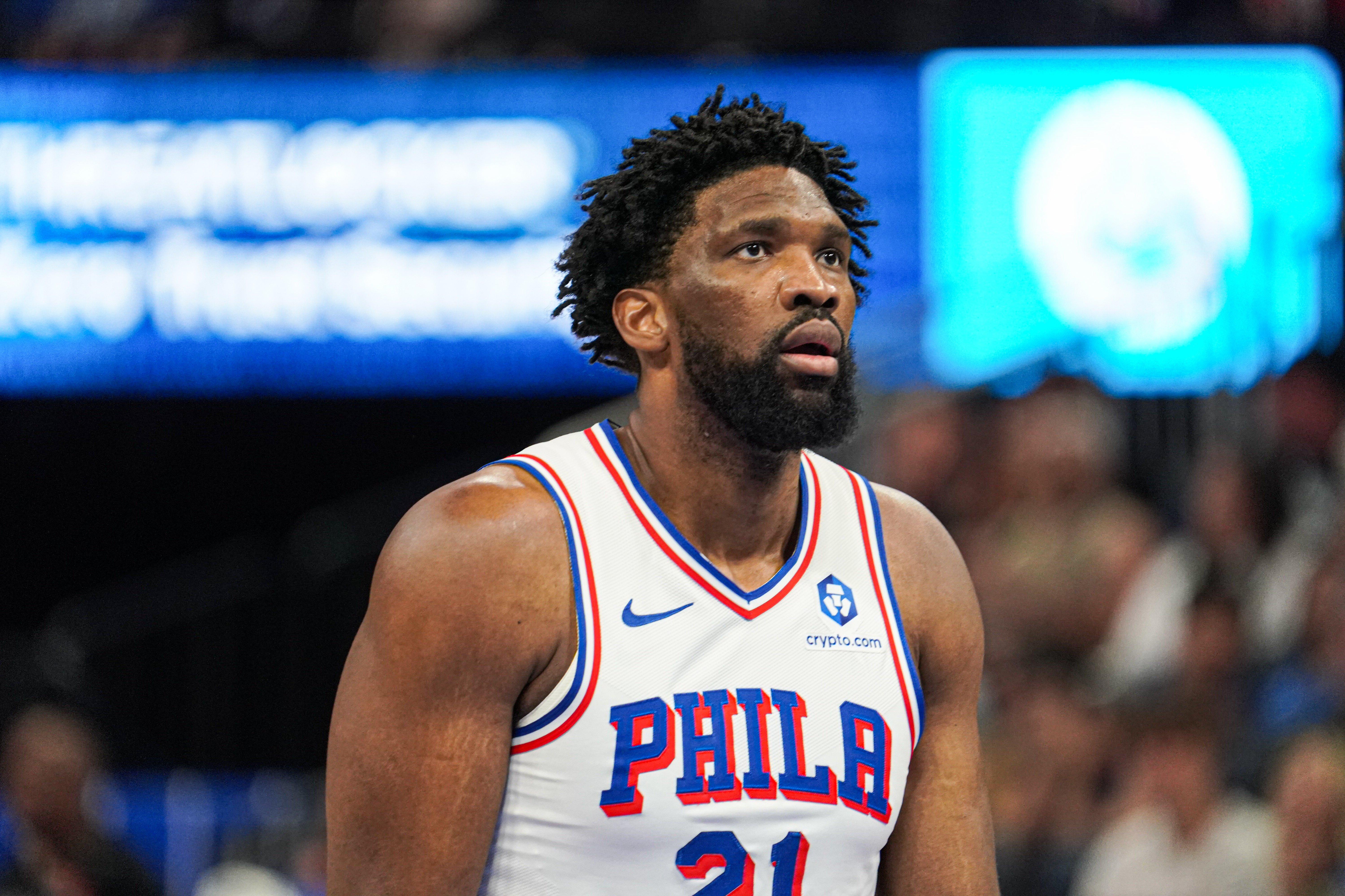 Philadelphia 76ers center Joel Embiid (21) looks on as we offer our NBA player props today.