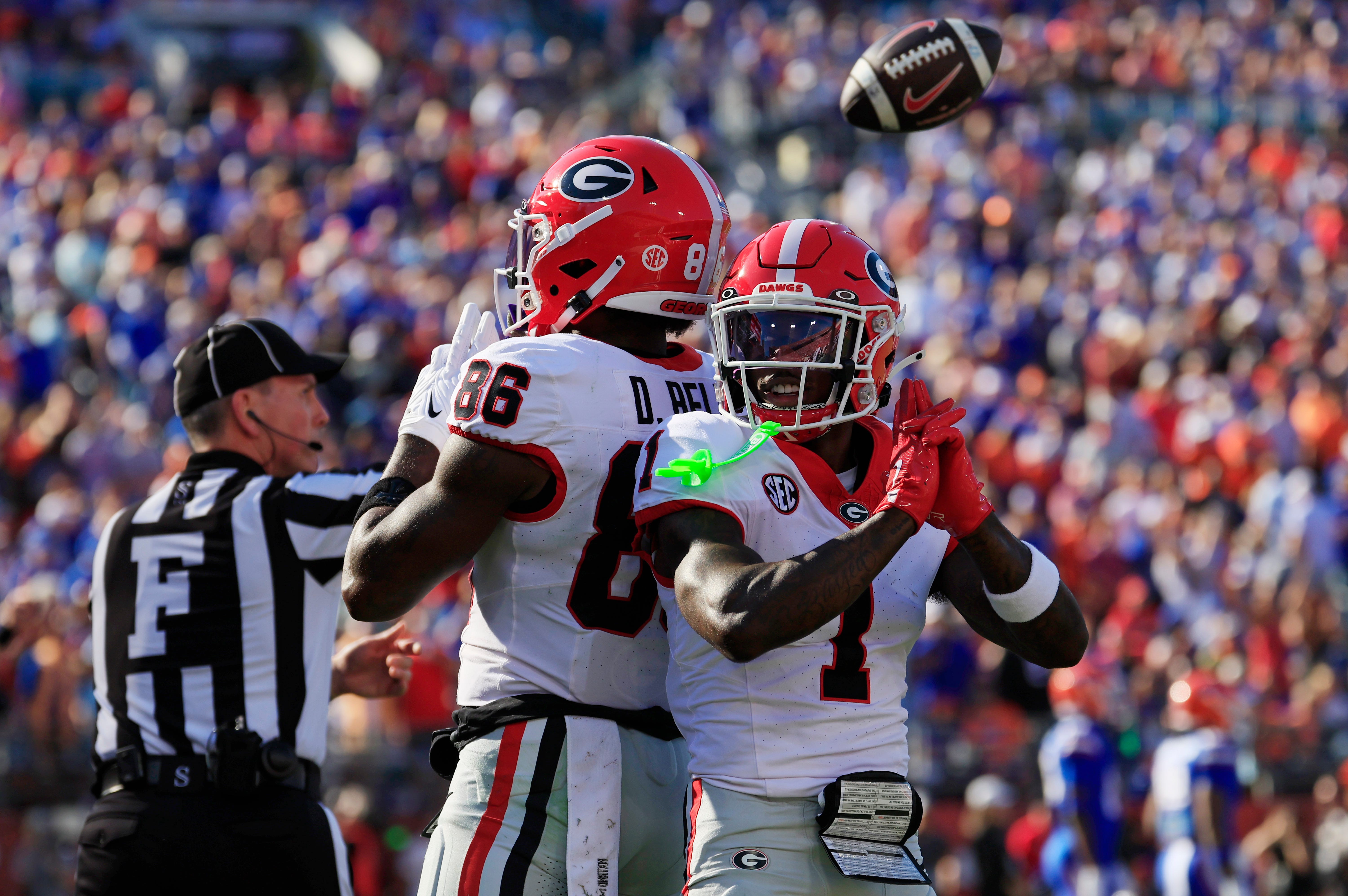 Georgia Bulldogs wide receiver Dillon Bell (86) reacts to scoring a touchdown with wide receiver Zachariah Branch (1) as we dive into our Ole Miss vs. Georgia predictions for the 2026 Sugar Bowl.