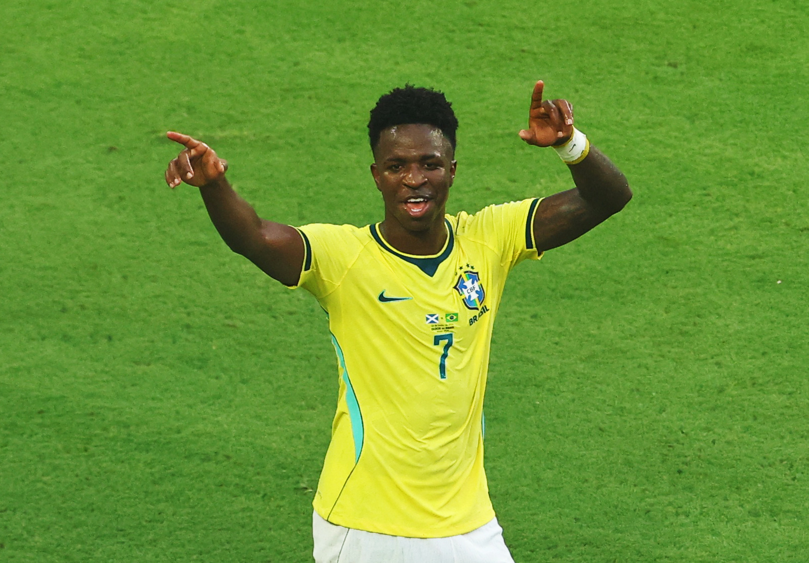 Vinicius Junior after scoring a goal as we offer our Brazil vs. Japan prediction.
