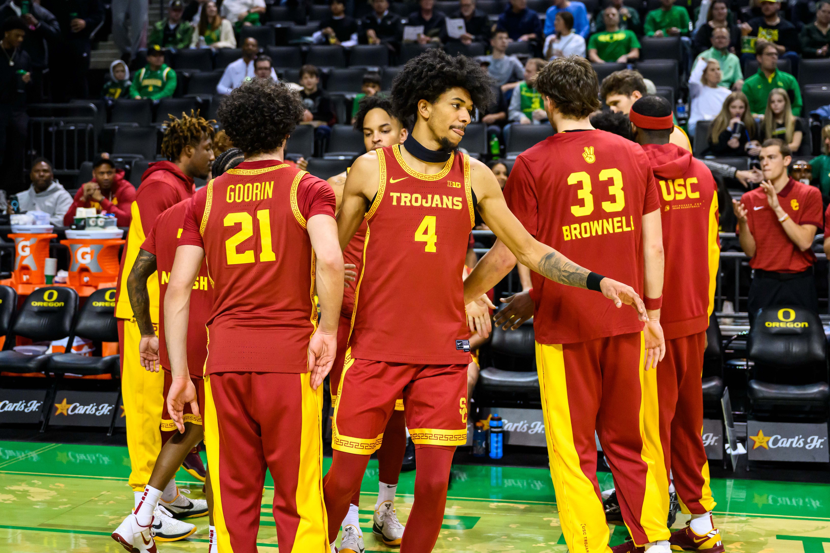 Southern California Trojans forward Chad Baker-Mazara (4), seen here being introduced before a game, is featured in our USC vs. Michigan State predictions and odds tonight.