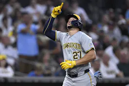 Milwaukee Brewers shortstop Willy Adames celebrates after hitting a two-run home run as we look at our best MLB Expert Picks & Player Props for Friday, June 21.