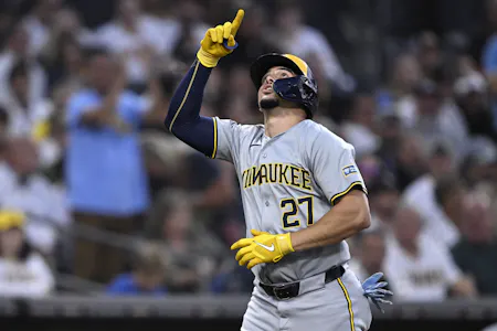 Milwaukee Brewers shortstop Willy Adames celebrates after hitting a two-run home run as we look at our best MLB Expert Picks & Player Props for Friday, June 21.