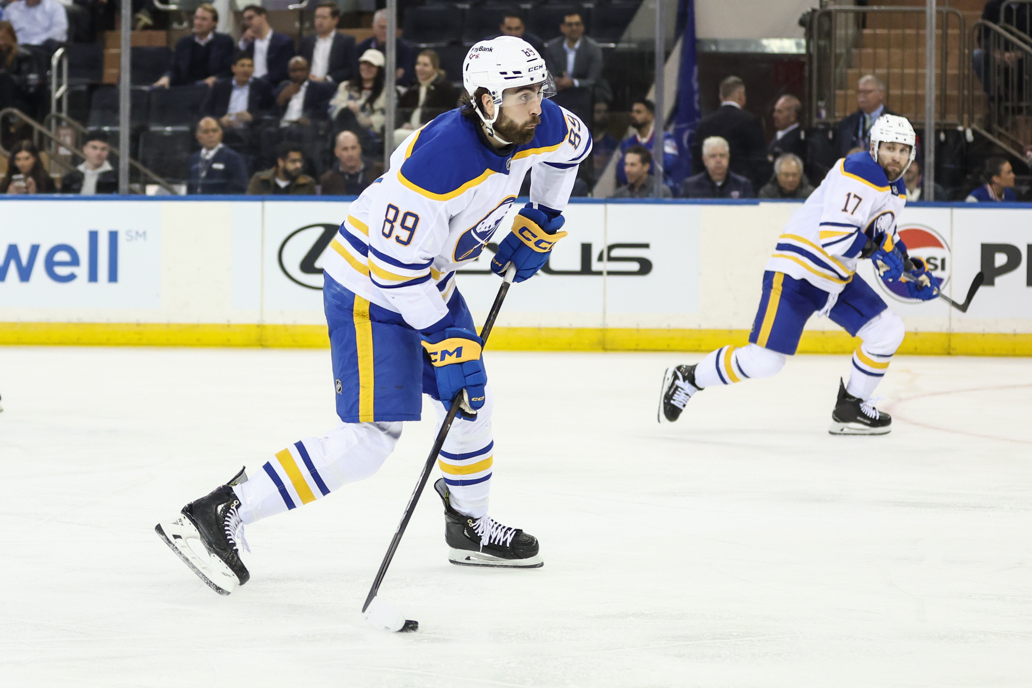 Buffalo Sabres right wing Alex Tuch (89) attempts a shot on goal as we break down our Flyers vs. Sabres prediction.