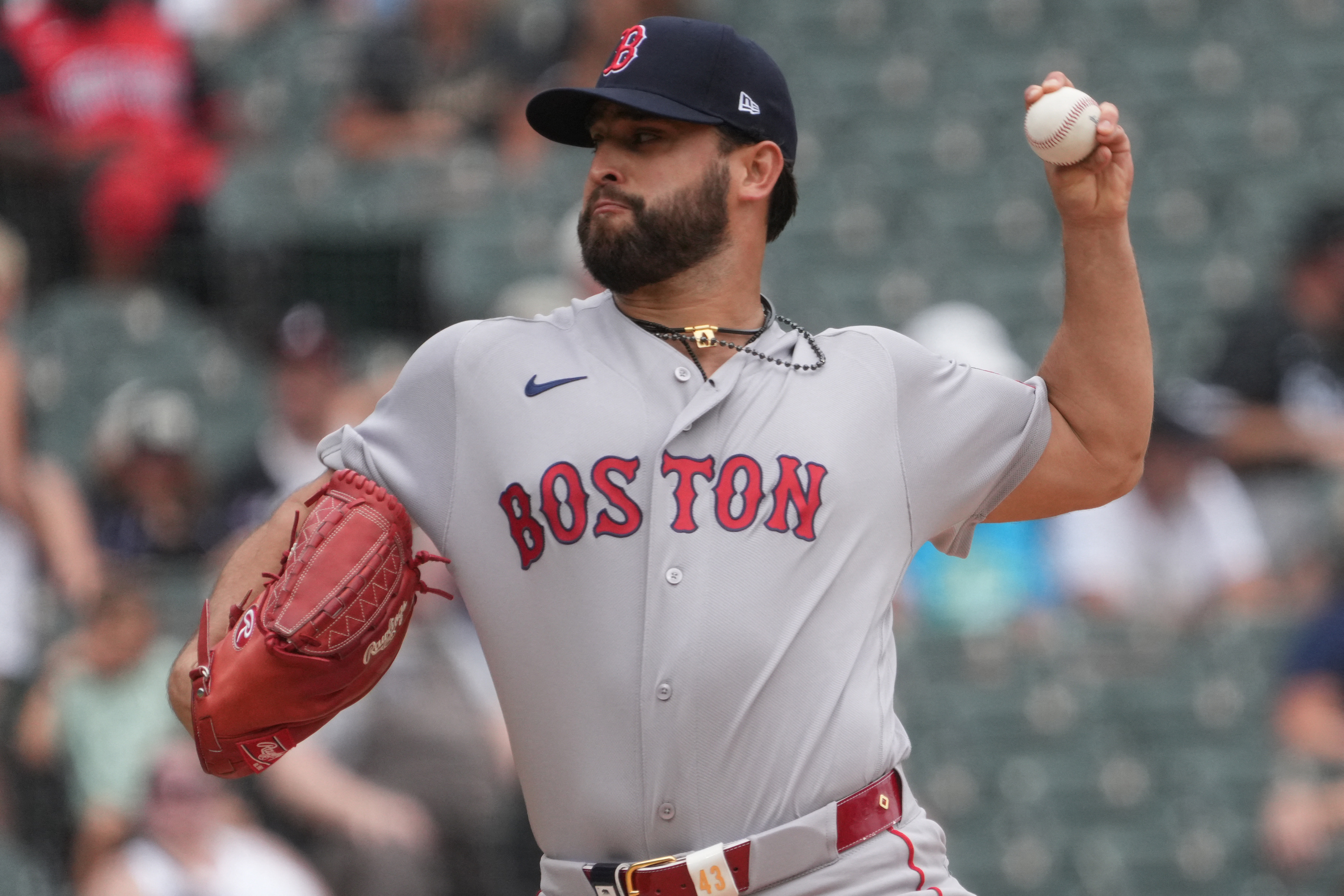 Boston Red Sox pitcher Patrick Sandoval (43) throws as we break down our Blue Jays vs. Red Sox prediction.