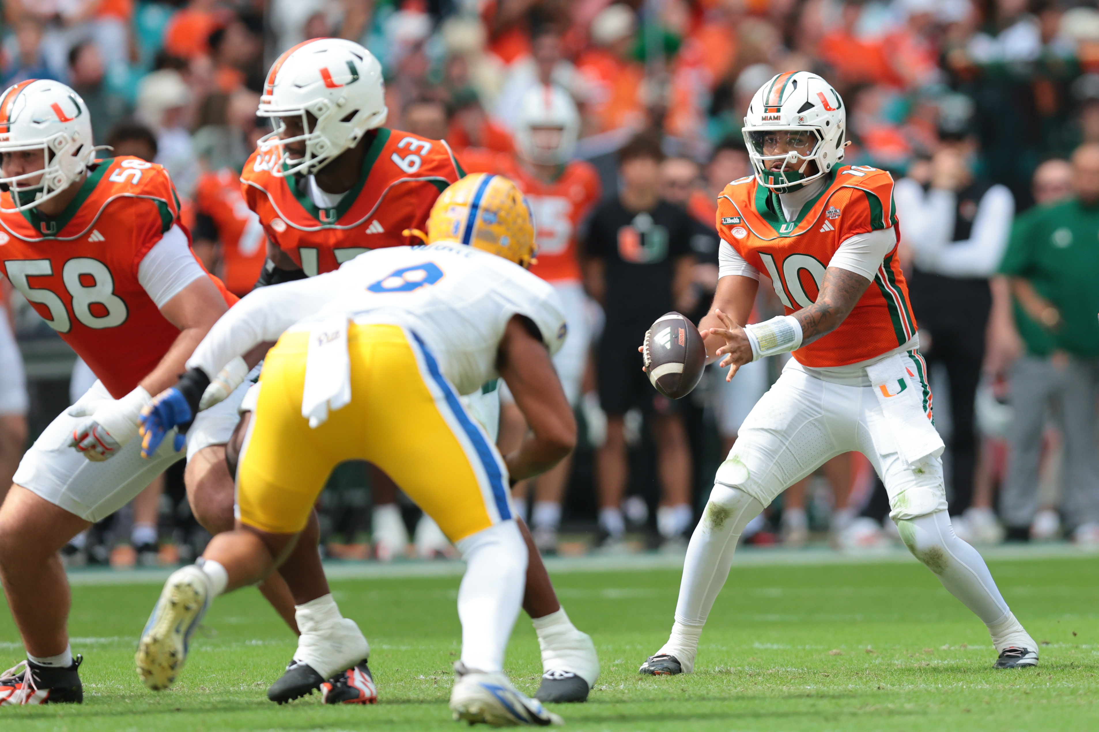 Pictured: Darian Mensah in action as we break down our College Football Week 9 AI Predictions. Photo by Sam Navarro-Imagn Images.