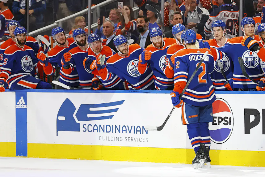 Edmonton Oilers defenseman Mattias Ekholm celebrates scoring with defenseman Evan Bouchard against the Florida Panthers during the first period in Game 2 as Gary Pearson takes a look at the best parlay for Thursday's Game 3.