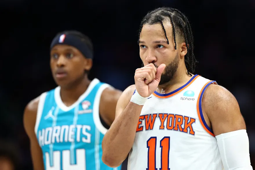Jalen Brunson #11 of the New York Knicks reacts following a basket