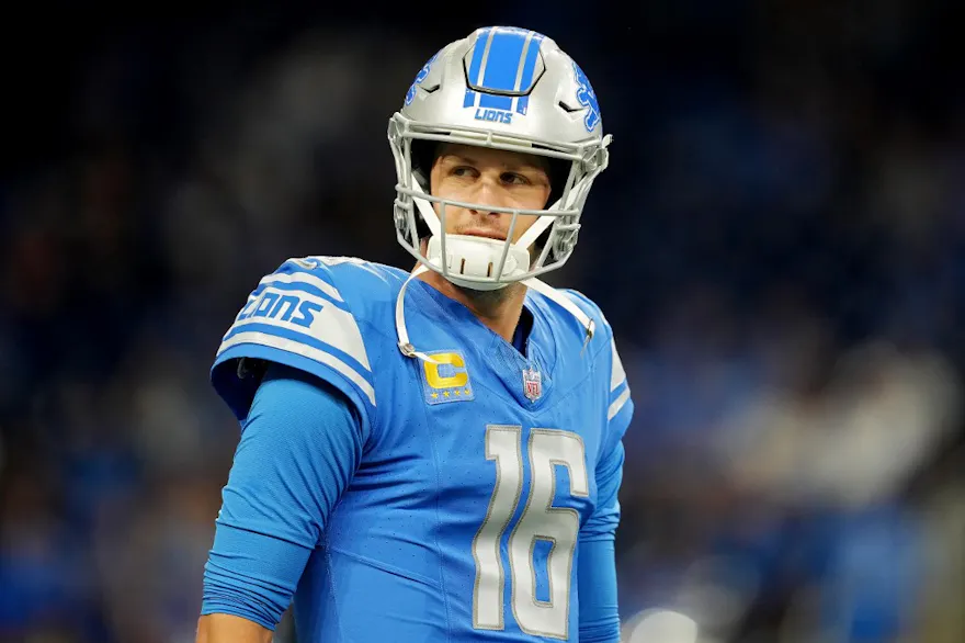 Jared Goff of the Detroit Lions warms up before the game against the Seattle Seahawks as we look at our Lions-Packers player props.