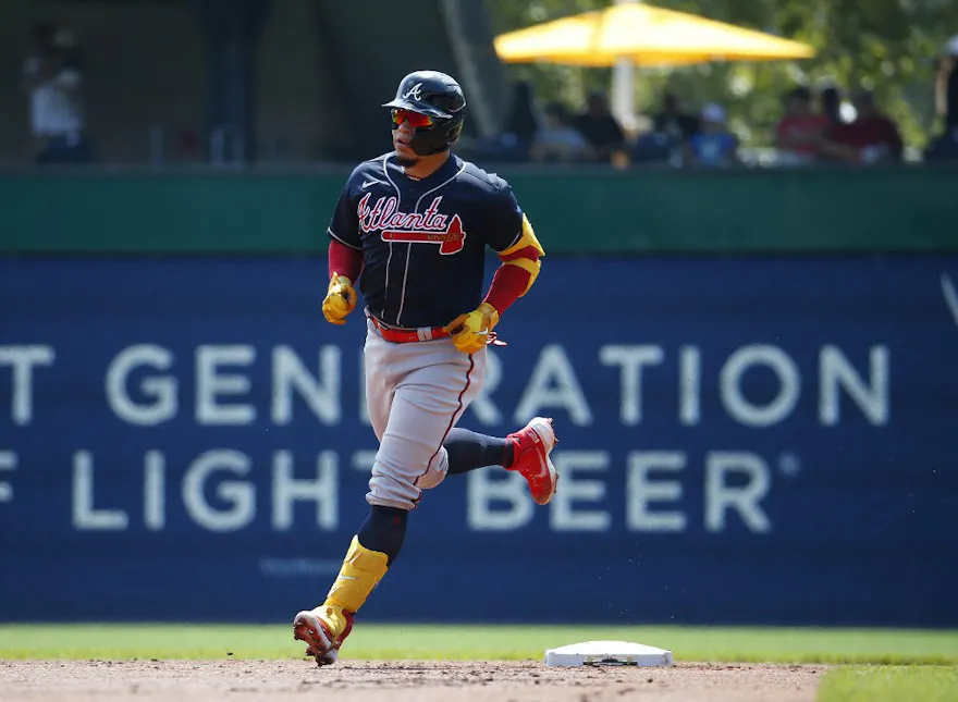 William Contreras #24 of the Atlanta Braves rounds second after hitting a two-run home run in the second inning against the Pittsburgh Pirates during the game at PNC Park on Aug. 24.