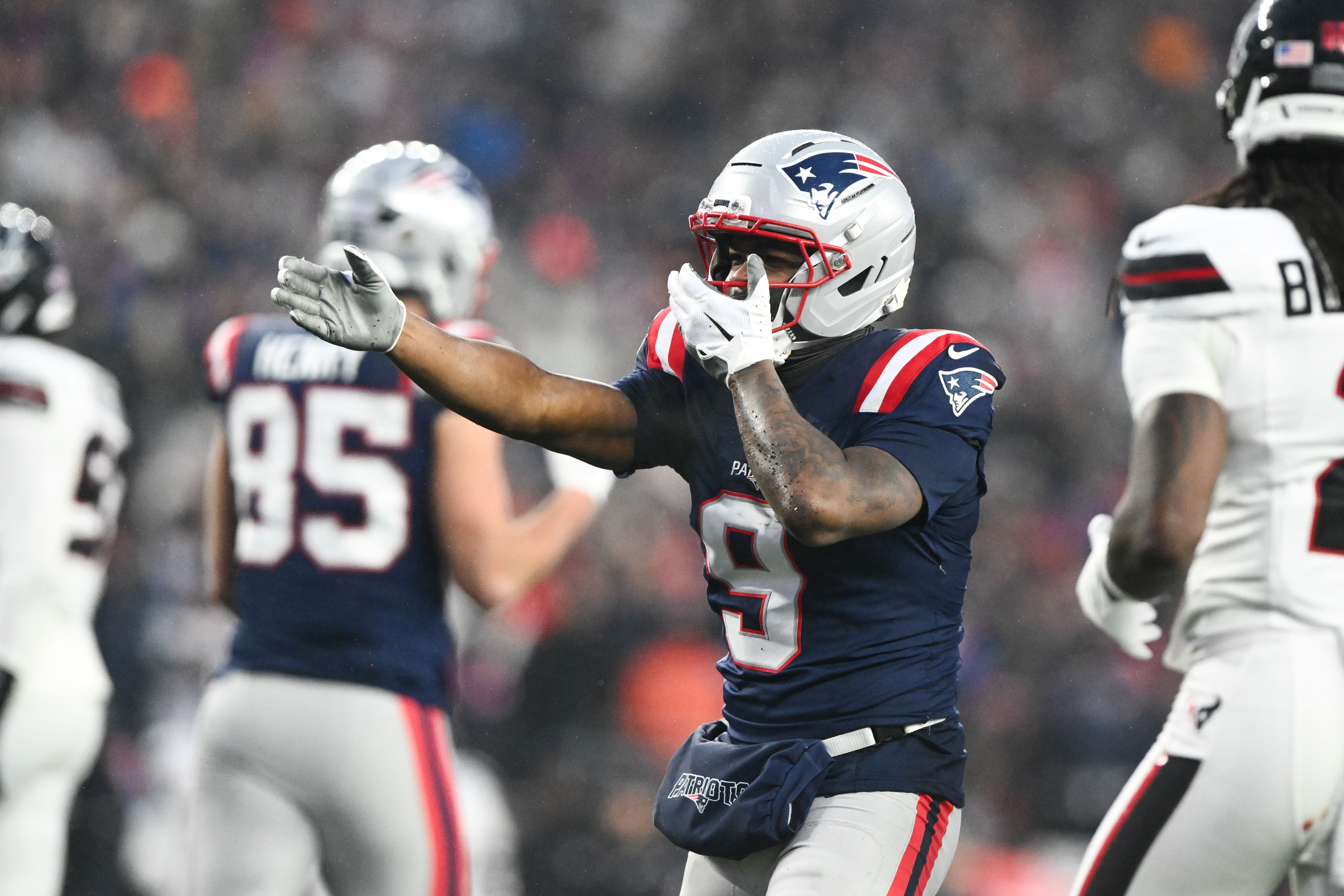 New England Patriots wide receiver Kayshon Boutte reacts after a play as we look at the Super Bowl 60 matchup odds.