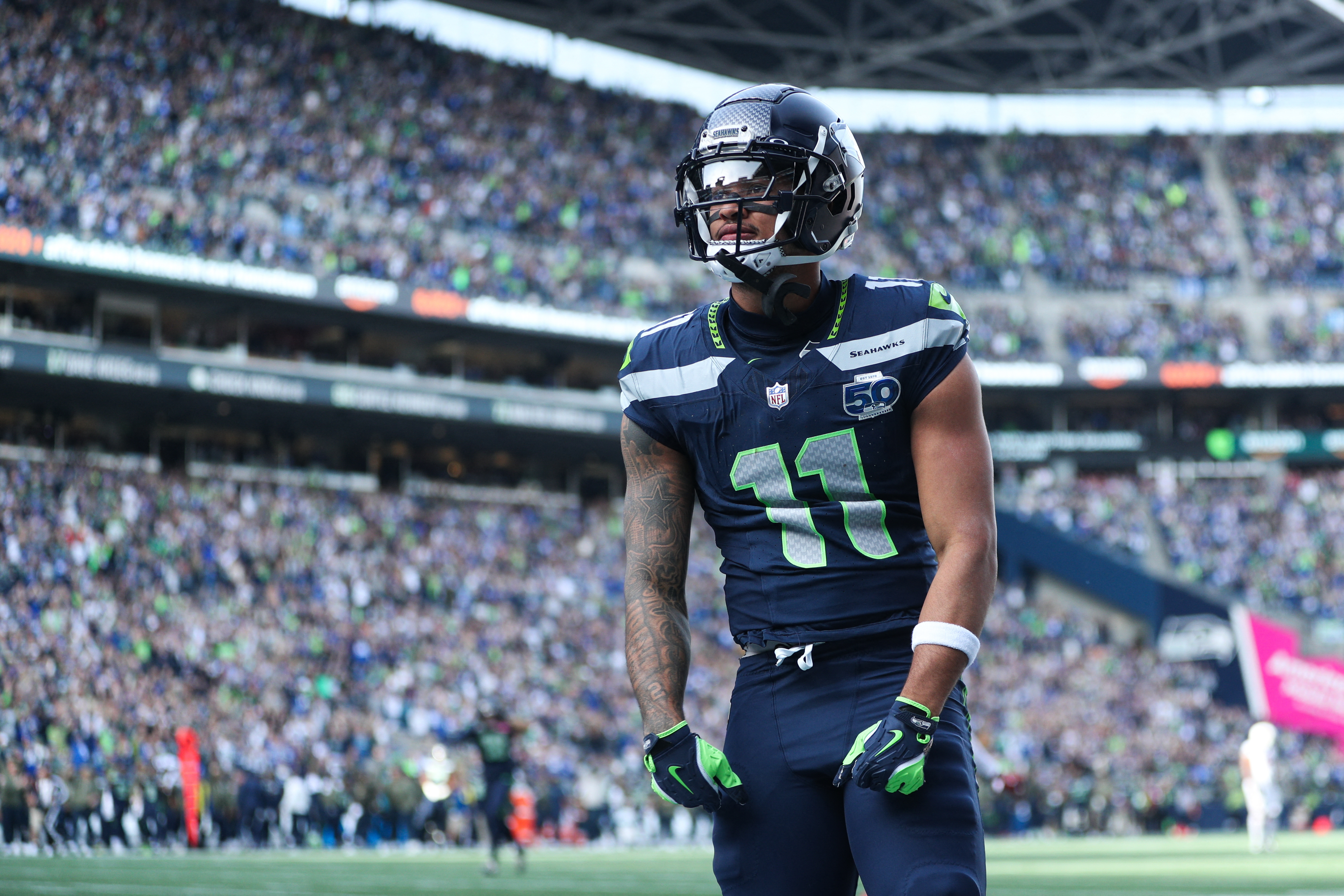 Seattle Seahawks wide receiver Jaxon Smith-Njigba (11) celebrates as we look at the Super Bowl records betting odds.