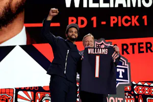 Caleb Williams poses with NFL Commissioner Roger Goodell as we look at the Offensive Rookie of the Year odds