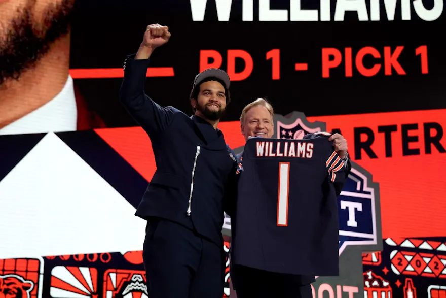 Caleb Williams poses with NFL Commissioner Roger Goodell as we look at the Offensive Rookie of the Year odds