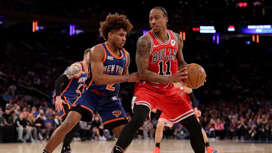 DeMar DeRozan of the Chicago Bulls heads for the net as Miles McBride of the New York Knicks defends during the second half at Madison Square Garden. We're back DeRozan in our NBA player props & best bets.