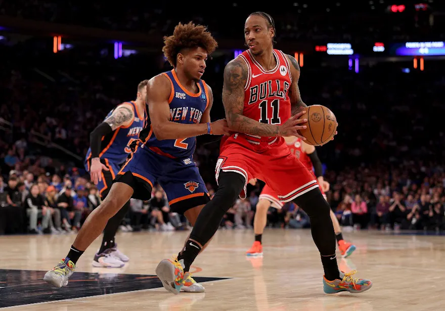 DeMar DeRozan of the Chicago Bulls heads for the net as Miles McBride of the New York Knicks defends during the second half at Madison Square Garden. We're back DeRozan in our NBA player props & best bets.