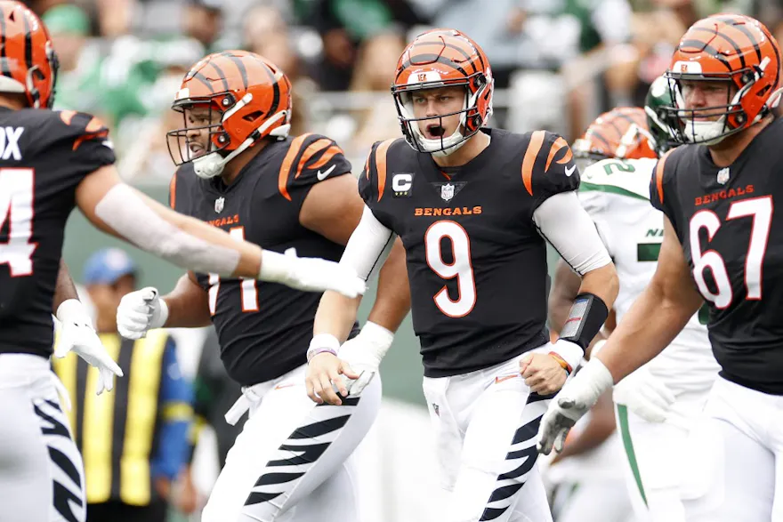 Joe Burrow of the Cincinnati Bengals reacts after throwing a touchdown pass against the New York Jets.