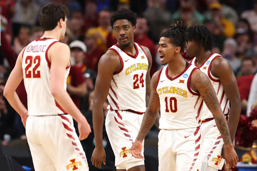 Keshon Gilbert #10 and Hason Ward #24 of the Iowa State Cyclones react as we make our Illinois vs. Iowa State prediction and pick for the Sweet 16 of the NCAA Tournament on Thursday.