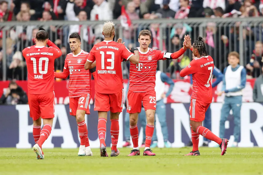 Thomas Muller of Bayern Munich celebrates his goal with teammates during the German championship Bundesliga match between Bayern Munich and VfL Bochum at Allianz Arena in Munich, Germany. Photo by Marcel Engelbrecht / firo Sportphoto / DPPI via AFP