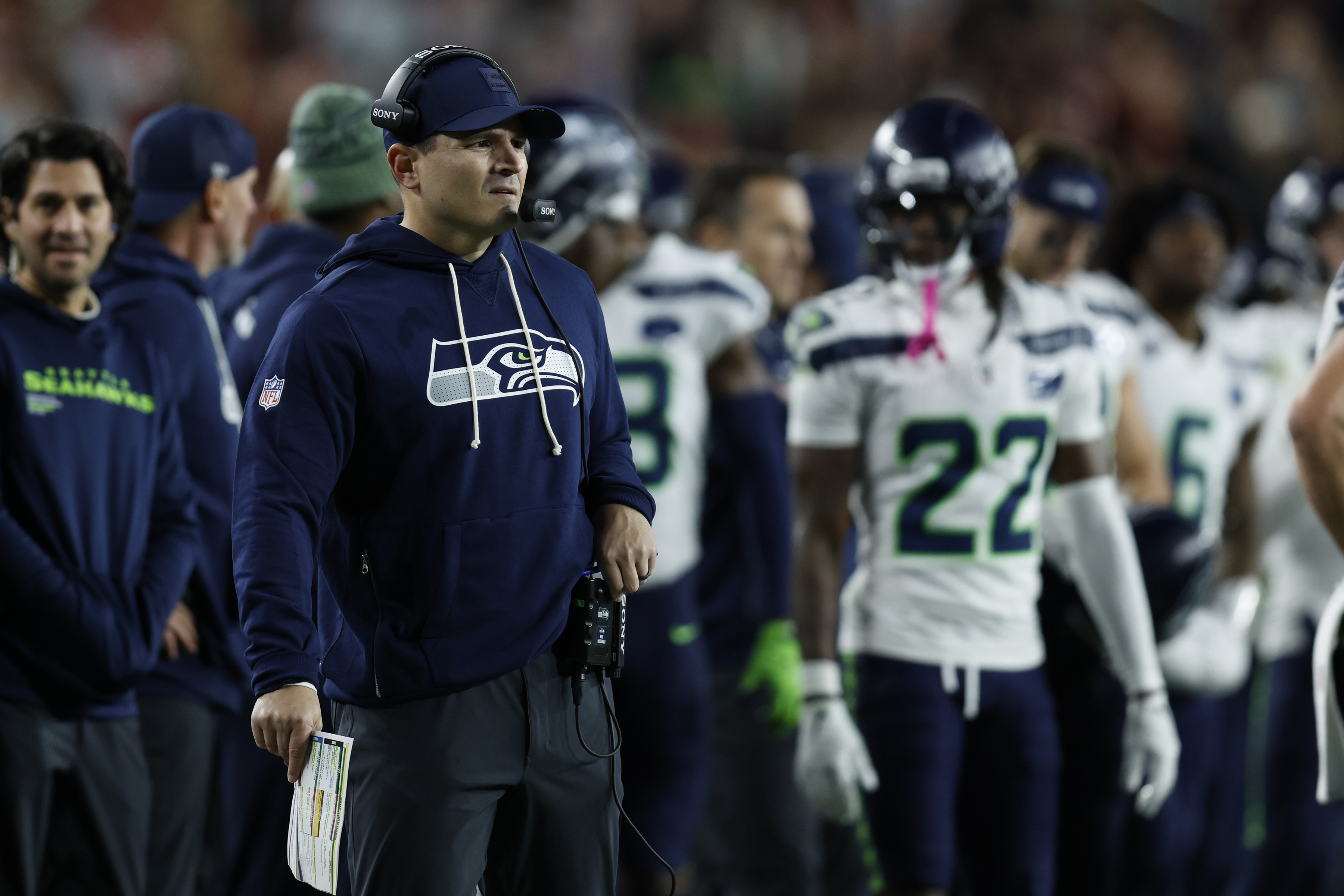 Seattle Seahawks head coach Mike MacDonald looks on as we break down our Super Bowl predictions and how the Seahawks win Super Bowl 2026.