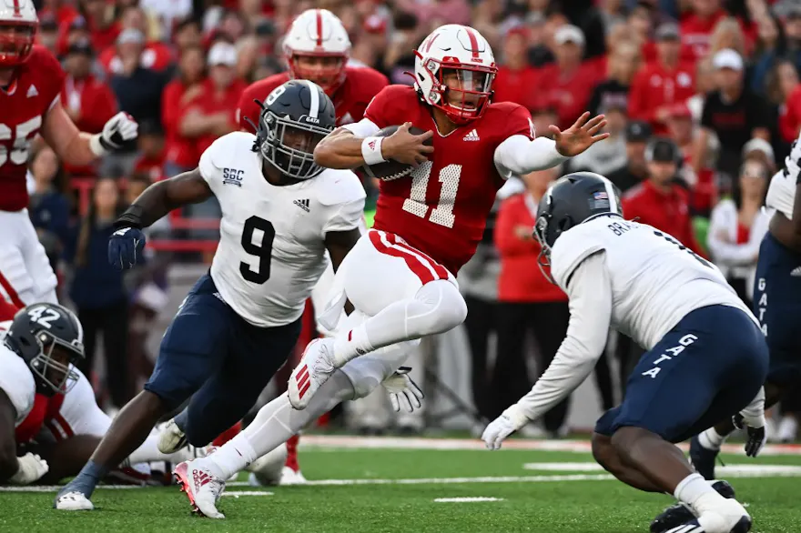 Quarterback Casey Thompson of the Nebraska Cornhuskers evades the tackle of linebacker Khadry Jackson of the Georgia Southern Eagles. Photo by Steven Branscombe/Getty Images/AFP.