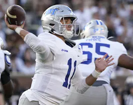 Quarterback Nicholas Vattiato of the Middle Tennessee Blue Raiders passes as we share our favorite Jacksonville State vs. Middle Tennessee pick.