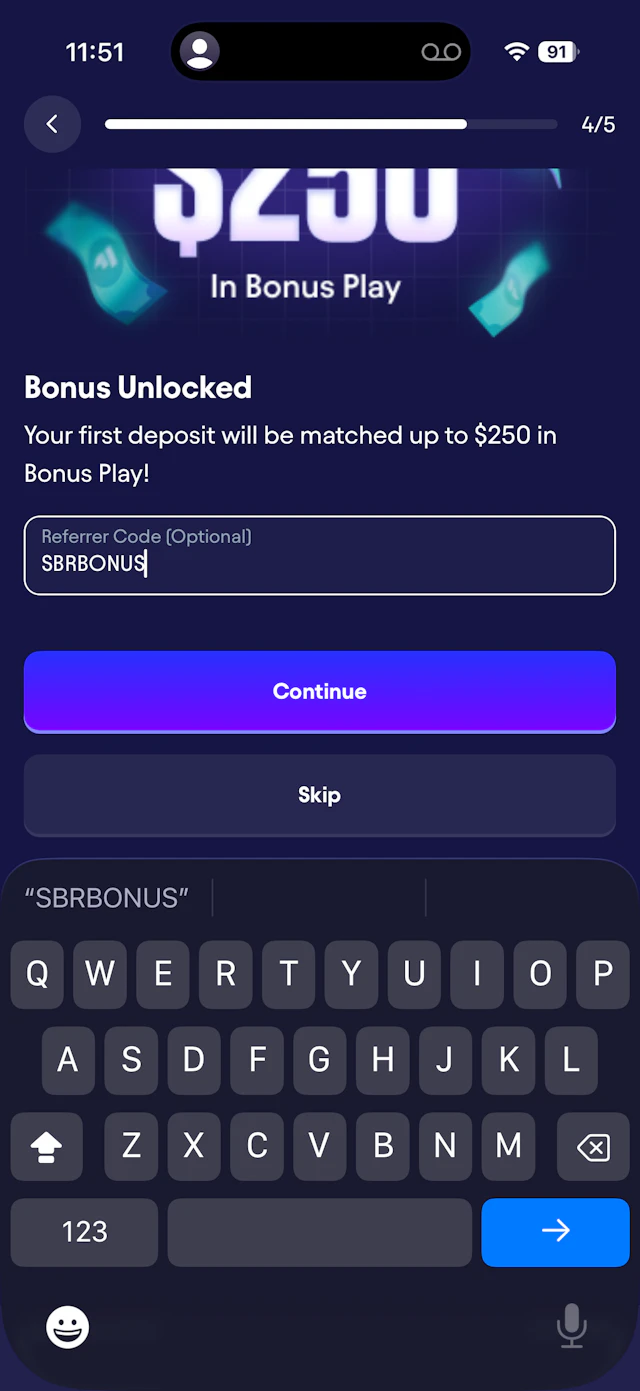Entering promo code 'SBRBONUS' during Fliff Social Sportsbook account creation.