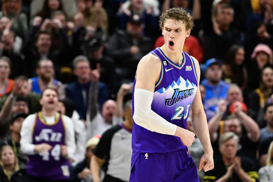 Lauri Markkanen of the Utah Jazz celebrates a basket as we look at the best 76ers vs. Jazz player props.