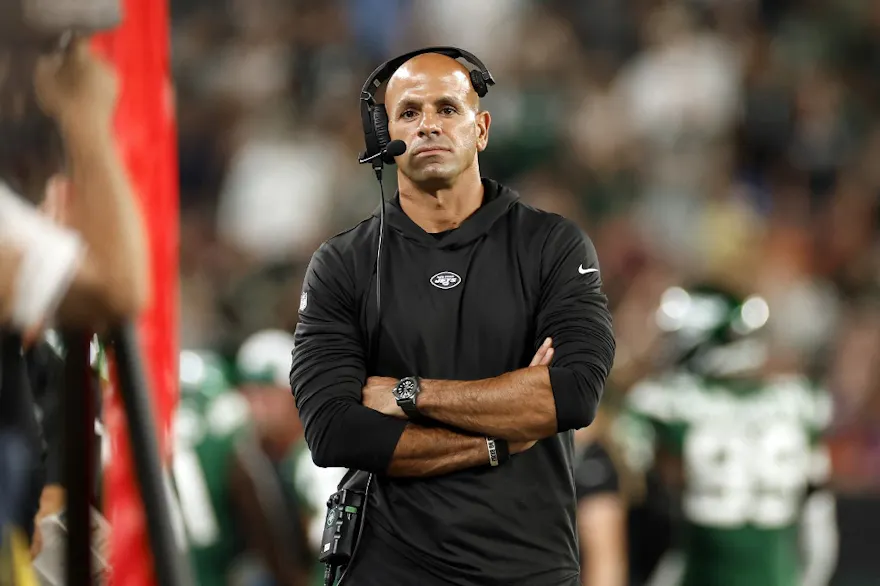 Head coach Robert Saleh of the New York Jets looks on during the first half of a preseason game against the Tampa Bay Buccaneers, and we offer new U.S. bettors our exclusive BetMGM bonus code for Chargers vs. Jets.