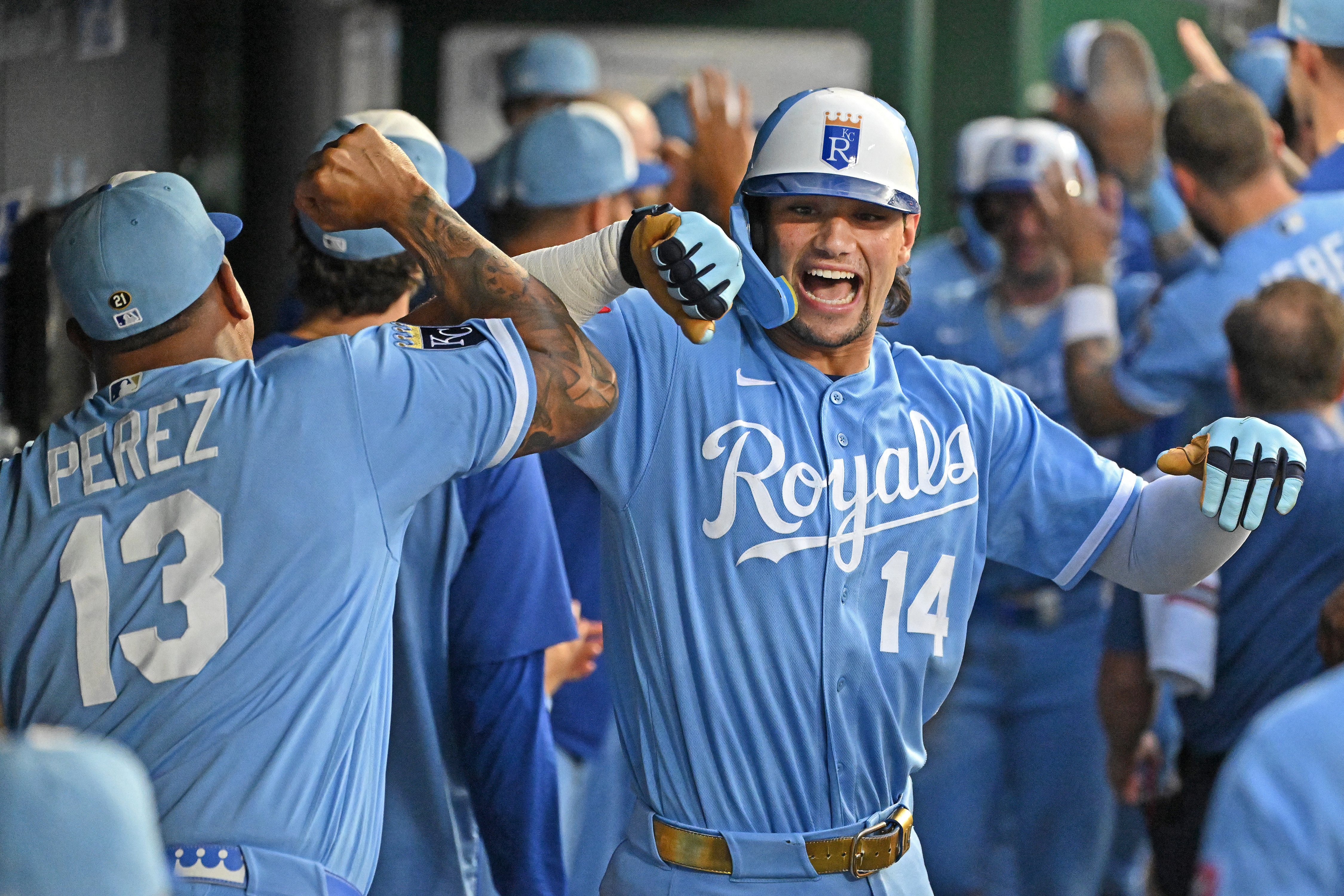 Kansas City Royals first baseman Jac Caglianone (14) celebrates with teammate Salvador Perez (13) as we break down our home run predictions today.