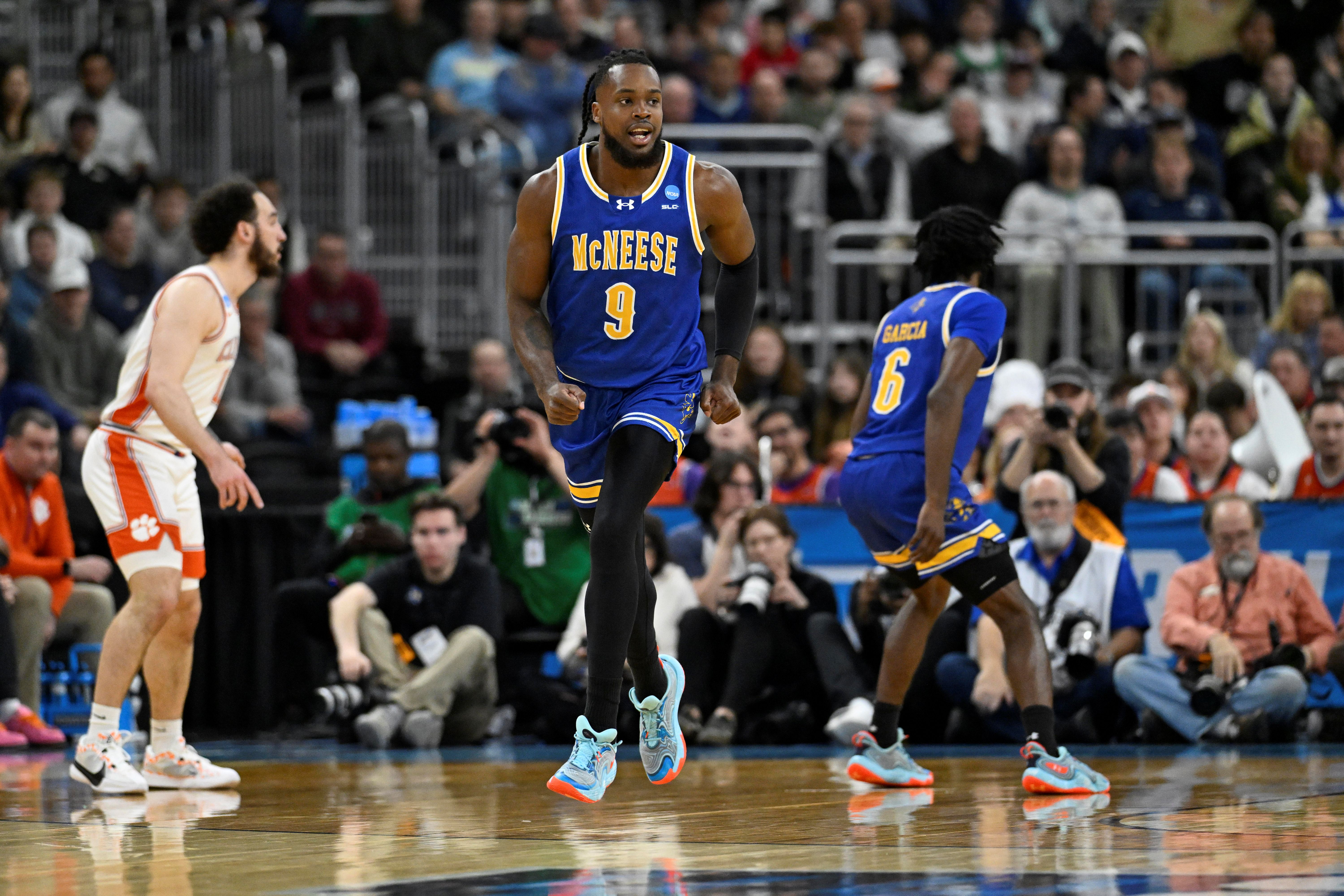 McNeese State Cowboys guard Javohn Garcia reacts after a Cowboys basket, and he's key as we look at our McNeese vs. SF Austin prediction.