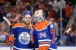 Connor McDavid and Stuart Skinner of the Edmonton Oilers celebrate as we look at the best 2024 Conn Smythe Trophy odds.