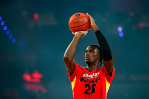 French basketball player Alexandre Sarr of the Perth Wildcats practices before playing against the Tasmania Jackjumpers during an Australian National Basketball League game. Sarr is the favorite to go No. 1 by the 2024 NBA Draft Odds.