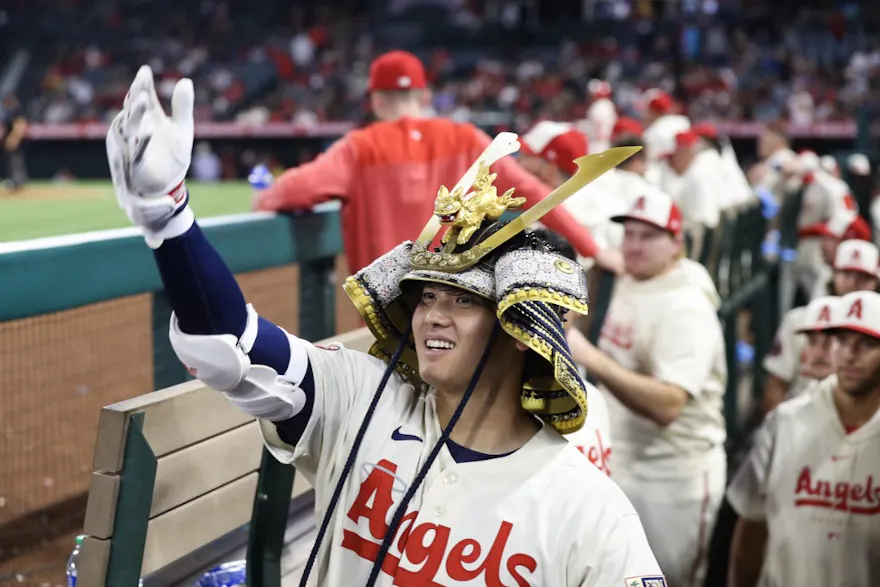 Shohei Ohtani of the Los Angeles Angels celebrates his two-run home run in the eighth inning against the Oakland Athletics, and we offer our top odds and predictions for his player props on Thursday's game.