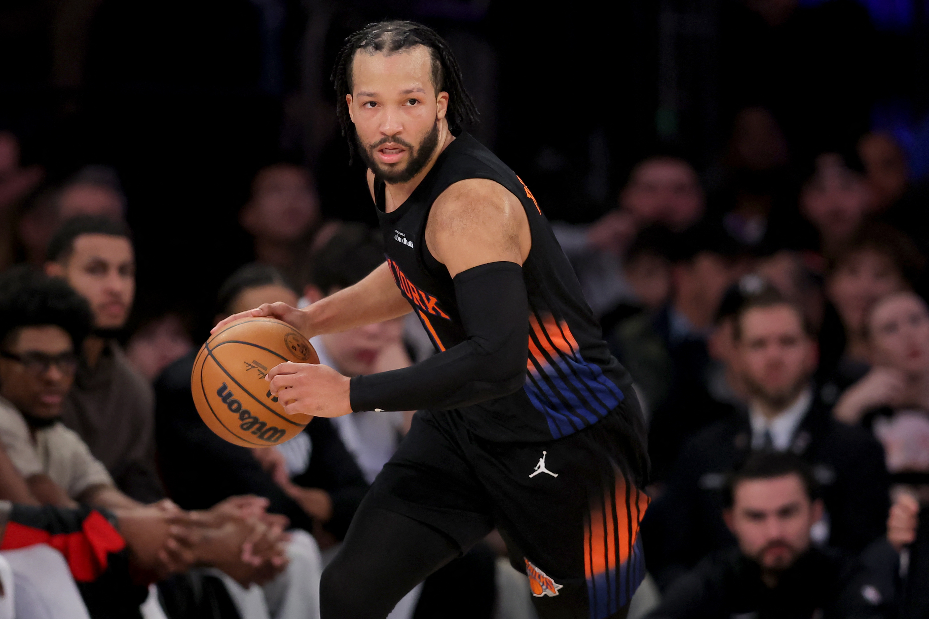 New York Knicks guard Jalen Brunson (11), seen here controlling the ball, is featured in our Nuggets vs. Knicks player props.