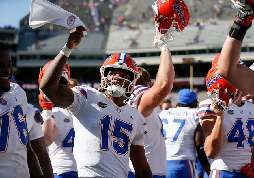 Anthony Richardson of the Florida Gators celebrates with teammates after defeating the Texas A&M Aggies.
