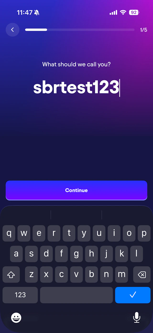 Creating an account name (SBRTest123) on Fliff Social Sportsbook app.