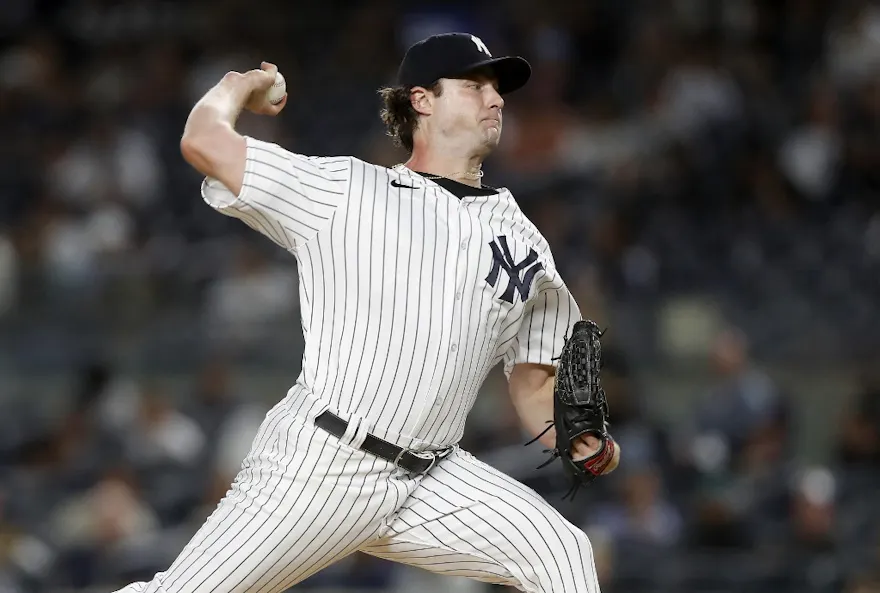 Gerrit Cole of the New York Yankees pitches during the first inning in Game 2 of a doubleheader against the Minnesota Twins at Yankee Stadium on September 07, 2022.