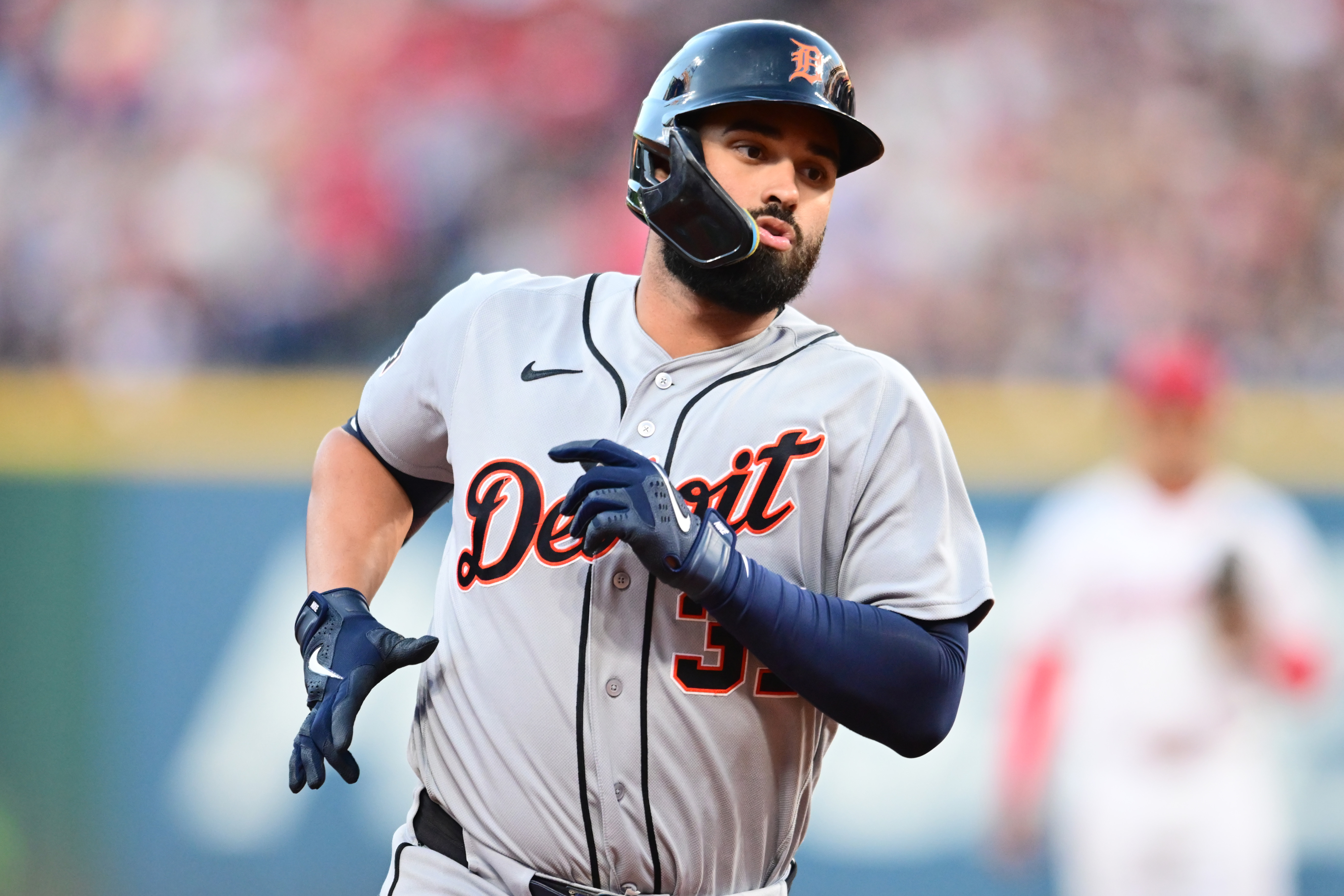 Detroit Tigers left fielder Riley Greene (31) rounds the bases as he is featured in our MLB best home run predictions today.