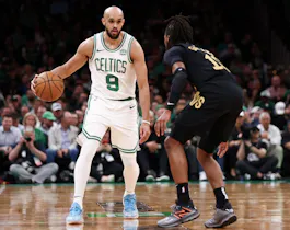 Derrick White of the Boston Celtics against Darius Garland of the Cleveland Cavaliers during Game 1 of the NBA playoffs. We're backing White in our Cavaliers vs. Celtics Player Props.