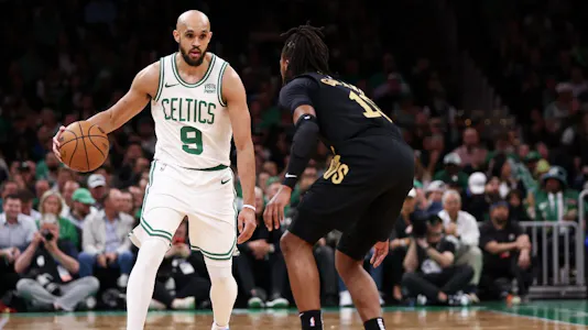 Derrick White of the Boston Celtics against Darius Garland of the Cleveland Cavaliers during Game 1 of the NBA playoffs. We're backing White in our Cavaliers vs. Celtics Player Props.