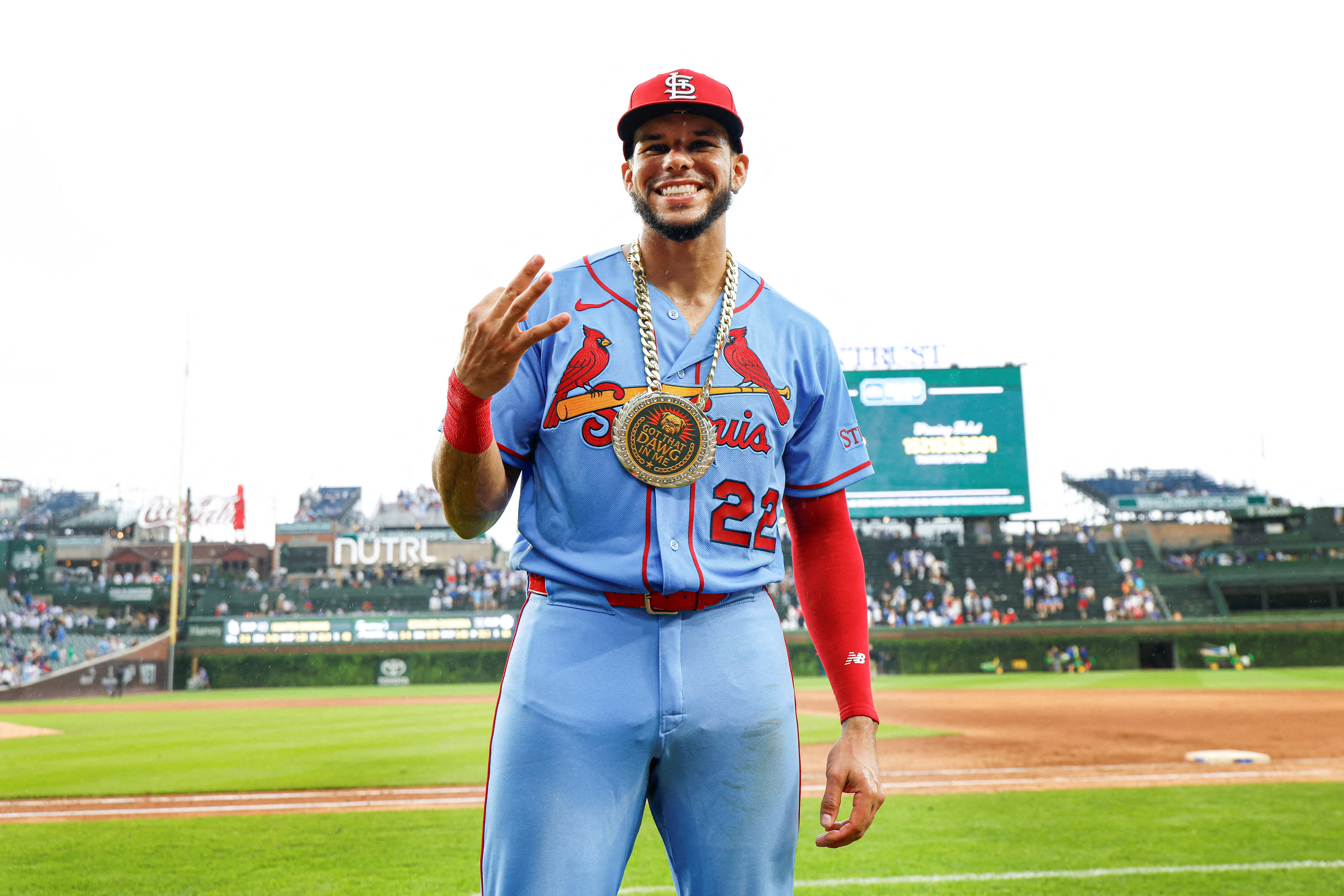 St. Louis Cardinals left fielder Joshua Baez (22) celebrates as he is featured in our Cardinals vs. Cubs prediction.