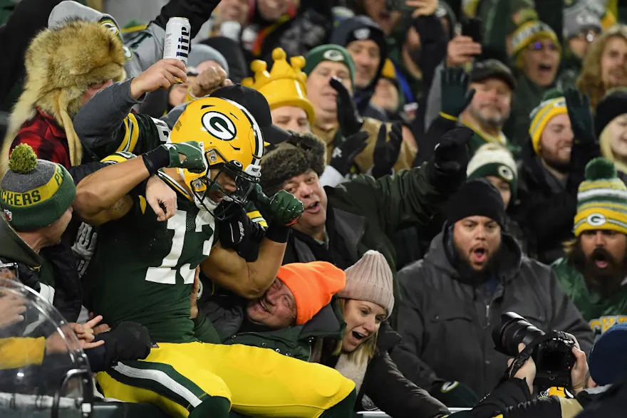 Allen Lazard of the Green Bay Packers celebrates after a two-yard touchdown reception against the Chicago Bears.