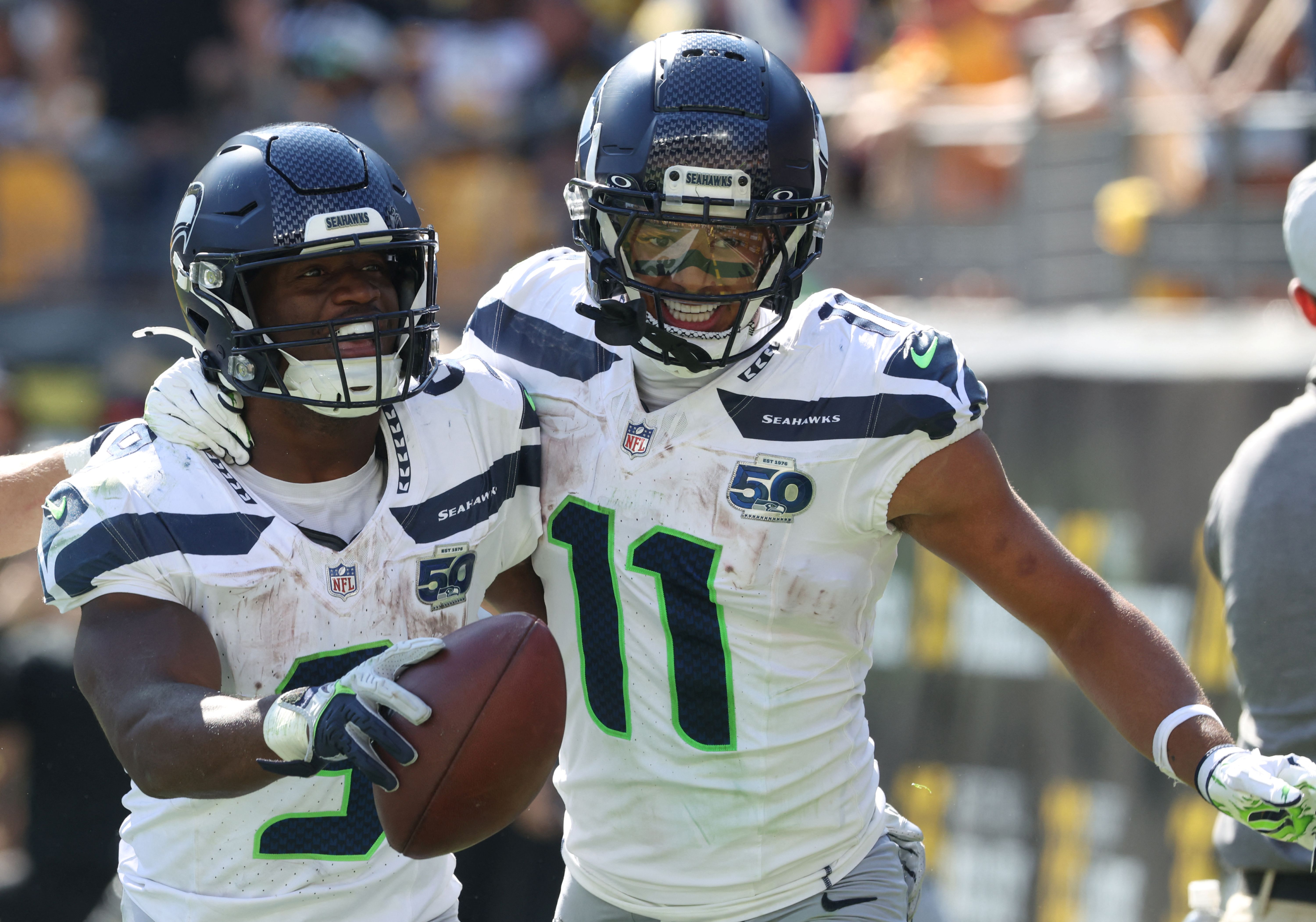 Seattle Seahawks running back Kenneth Walker III celebrates a touchdown with wide receiver Jaxon Smith-Njigba, and they're critical as we look at the 2026 Super Bowl Odds