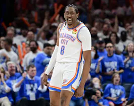 Jalen Williams of the Oklahoma City Thunder reacts during the fourth quarter against the Dallas Mavericks in Game 1 of the playoffs. We're backing Williams in our NBA Player Props & Expert Picks.