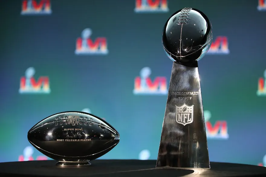 The Pete Rozelle Trophy given to the Super Bowl MVP, and the Vince Lombardi Trophy are seen during the Super Bowl LVI head coach and MVP press conference at Los Angeles Convention Center. Photo by Katelyn Mulcahy Getty Images via AFP.